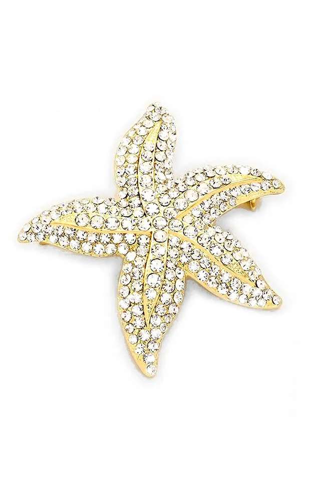 06507 Gold Clear Crystal rhinestone starfish brooch