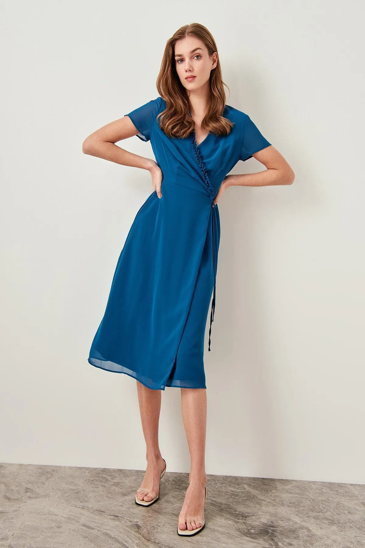 12845 Oil Blue Chiffon Wrap Dress