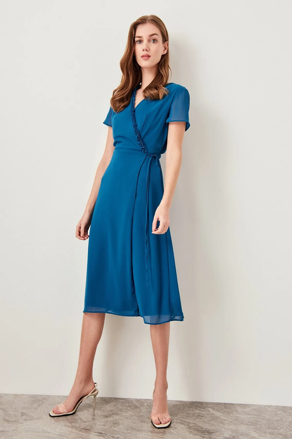 12845 Oil Blue Chiffon Wrap Dress