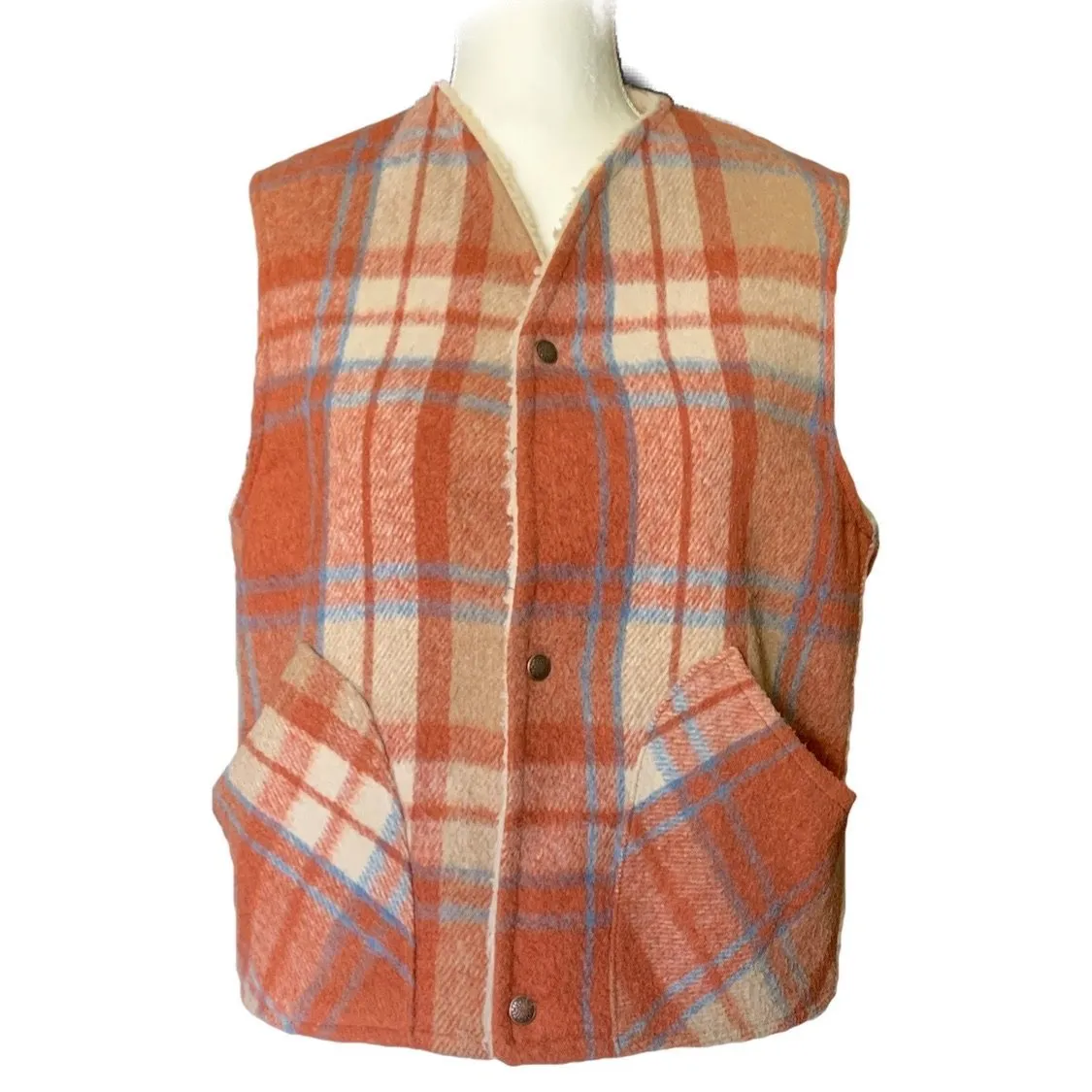 1950s Orange and Blue Plaid Wool Vest by Fleetwood Sportswear. Sherpa Lined Warm Outerwear.