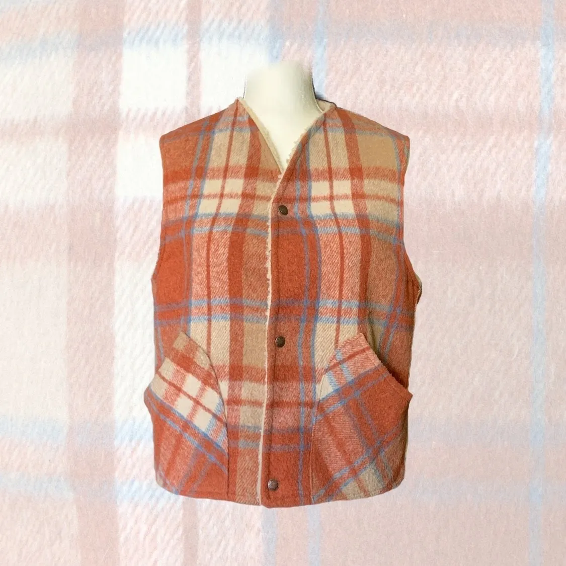 1950s Orange and Blue Plaid Wool Vest by Fleetwood Sportswear. Sherpa Lined Warm Outerwear.