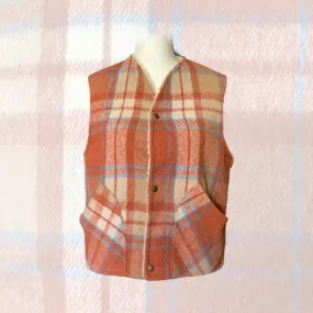 1950s Orange and Blue Plaid Wool Vest by Fleetwood Sportswear. Sherpa Lined Warm Outerwear.