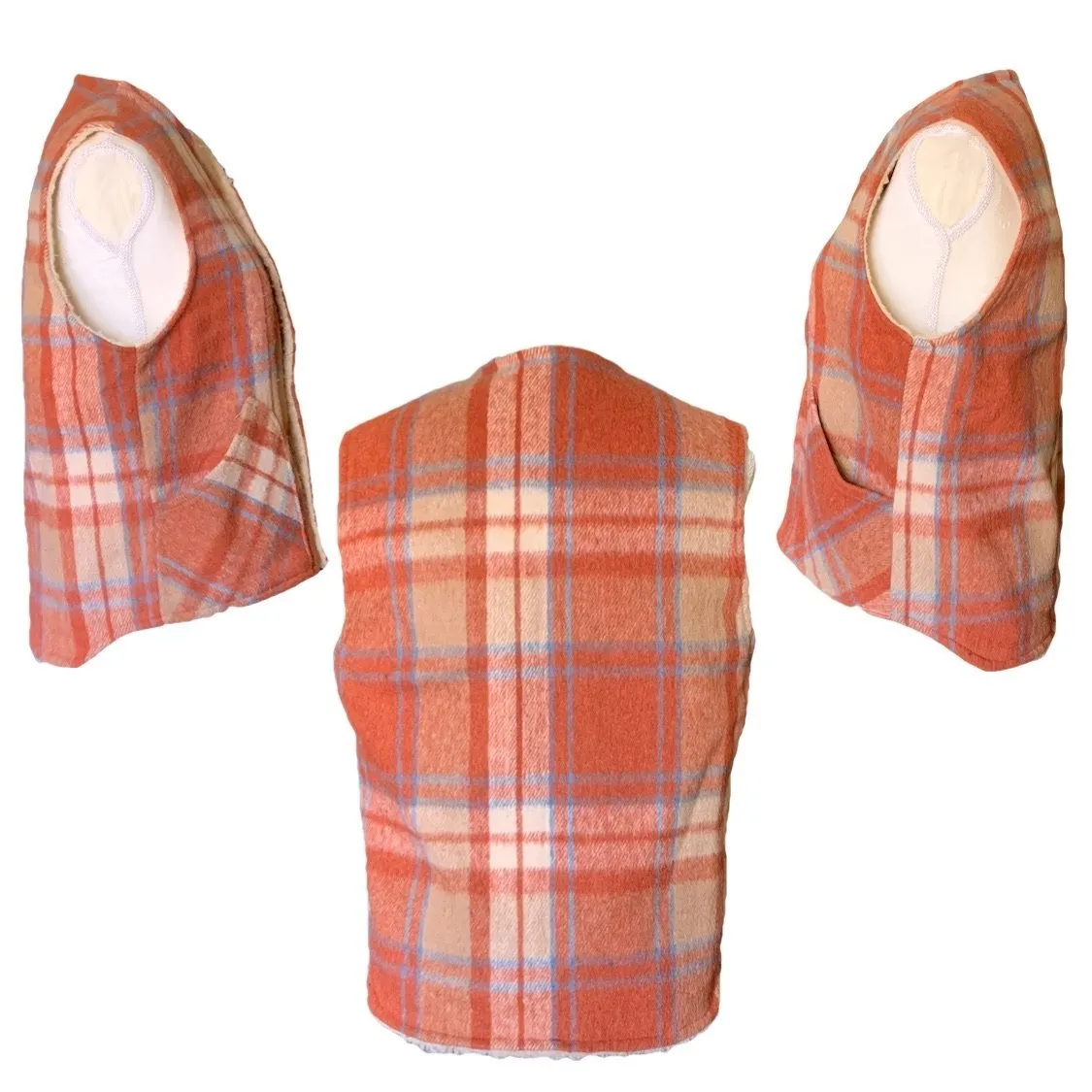 1950s Orange and Blue Plaid Wool Vest by Fleetwood Sportswear. Sherpa Lined Warm Outerwear.