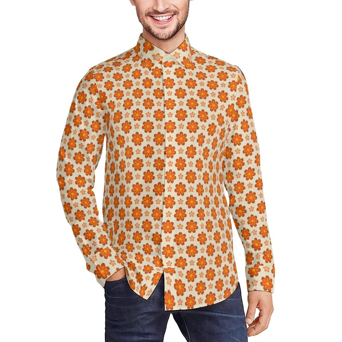 70s Shirt Men, Orange Floral shirt Men, Vintage 70s style shirt, 70s Clothing Men, Hippie Shirt Men, 70s inspired shirt, Mod Shirt Men