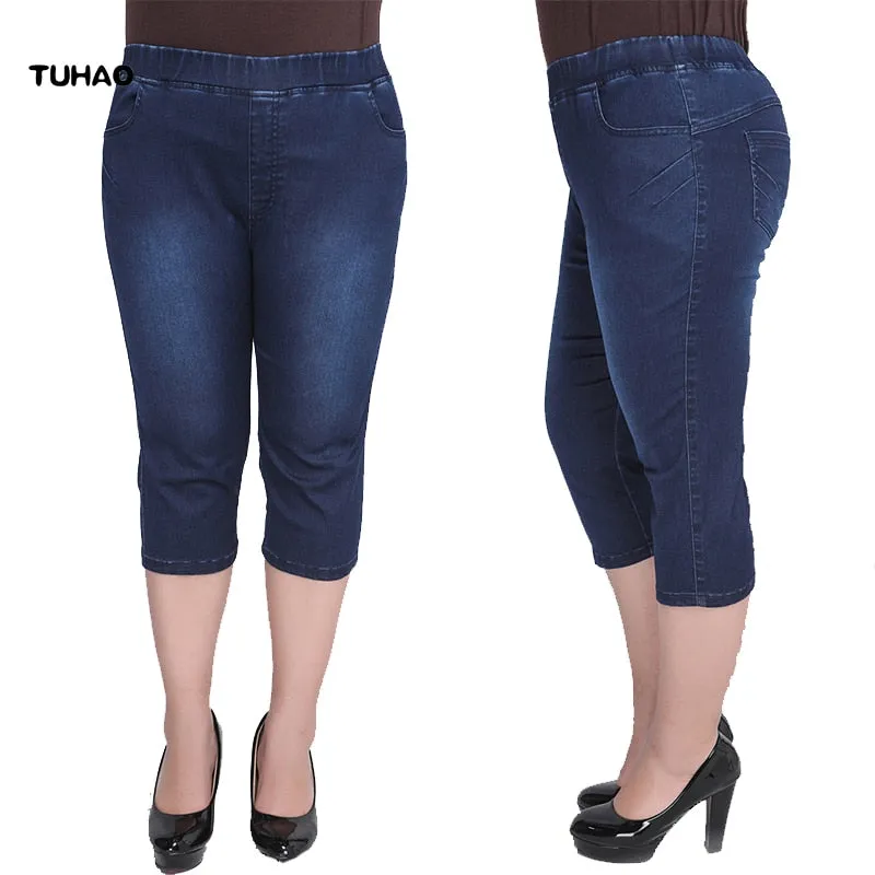 9XL 8XL 7XL Capris Jeans Stretch Denim High Waist