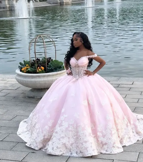 A Line Pink Off The Shoulder Quinceanera Dress Ball Gown      fg6512