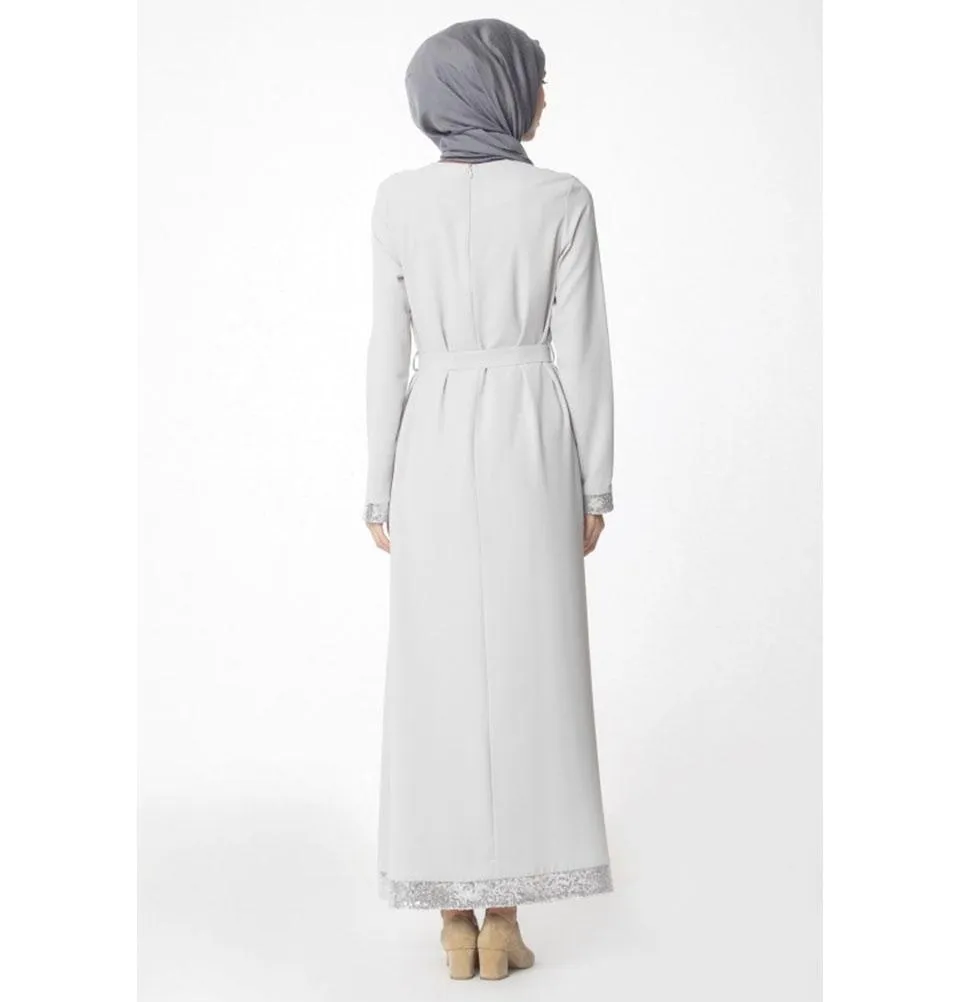 Abaci Modest Embellished Dress 13559 Blue Gray