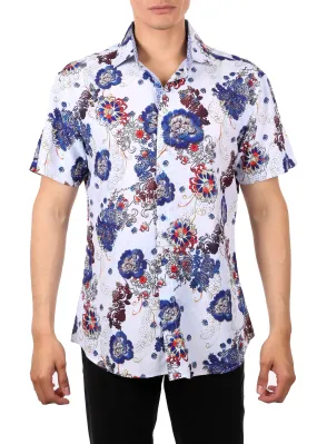 Abstract Floral Print Short Sleeve Dress Shirt White