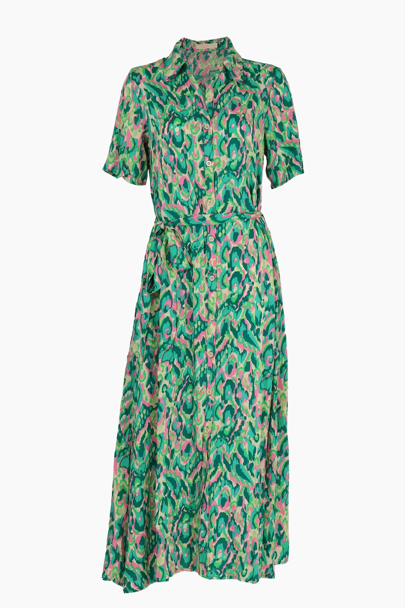 Abstract Print Short Sleeve Button Down Midi Shirt Dress in Green