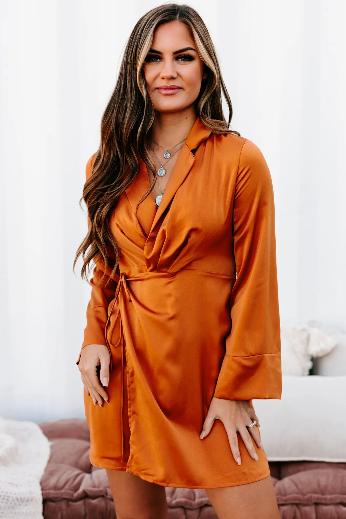 Adding Incentives Long Sleeve Satin Wrap Dress (Pumpkin)