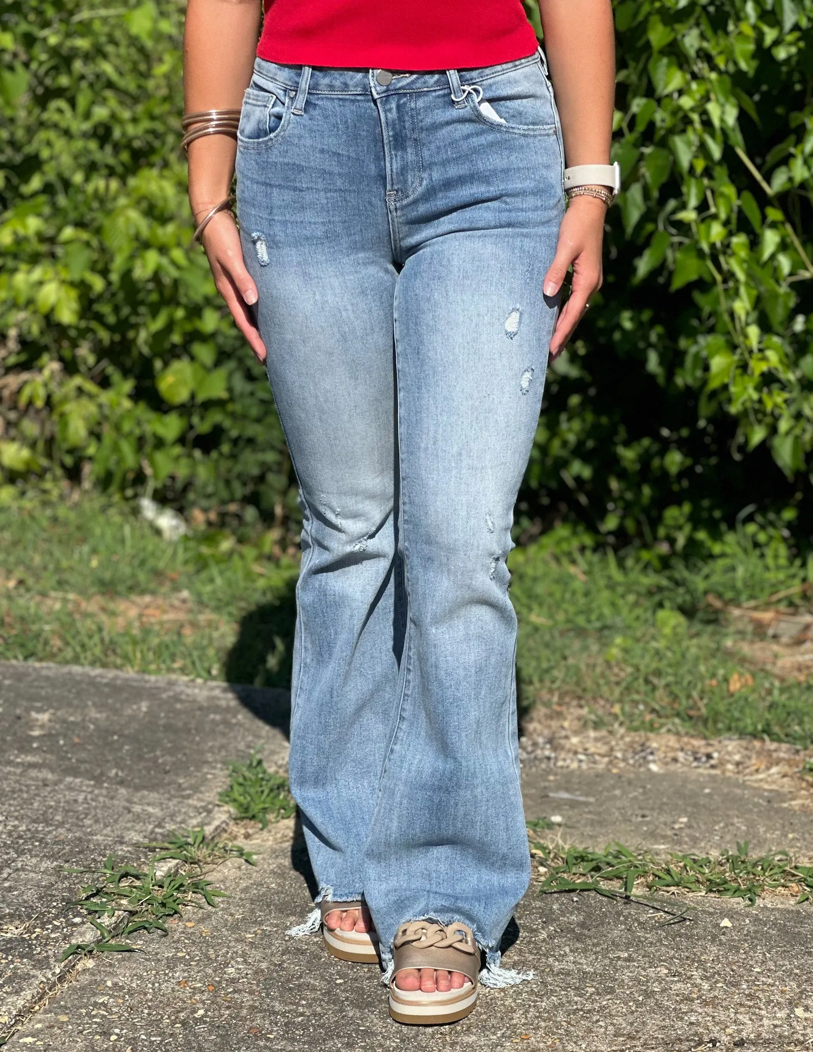 All Night Long High Rise Distressed Flare Jeans