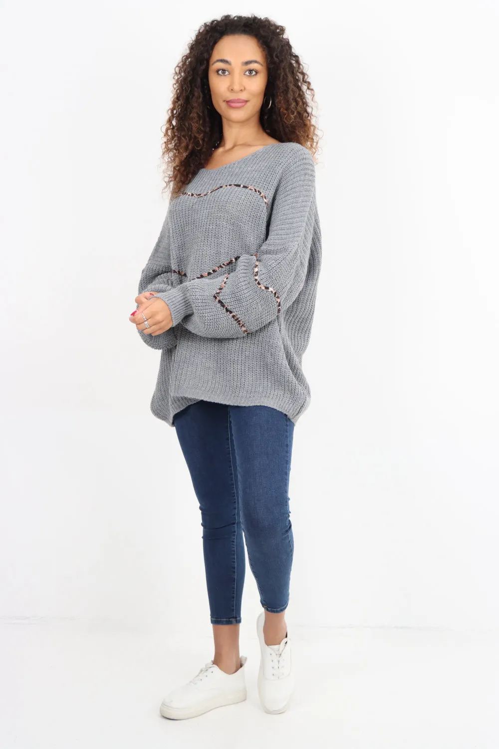 Animal Print Heart Outline  Oversized  Jumper Top