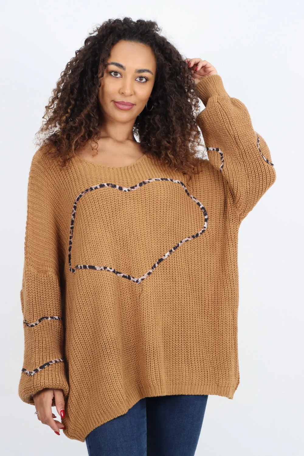 Animal Print Heart Outline  Oversized  Jumper Top