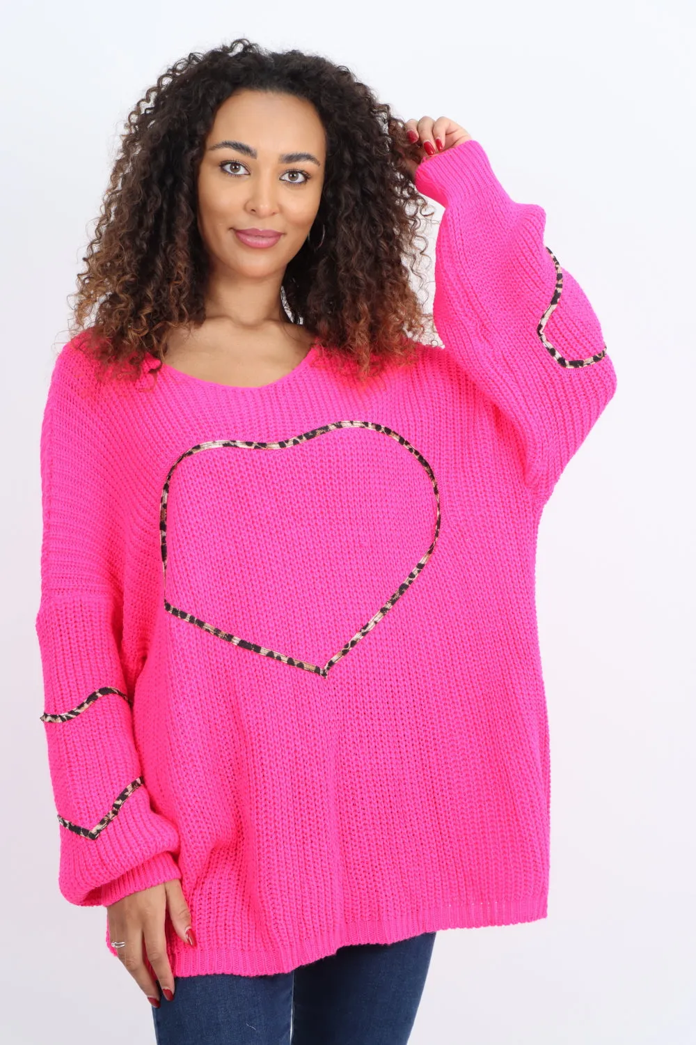 Animal Print Heart Outline  Oversized  Jumper Top