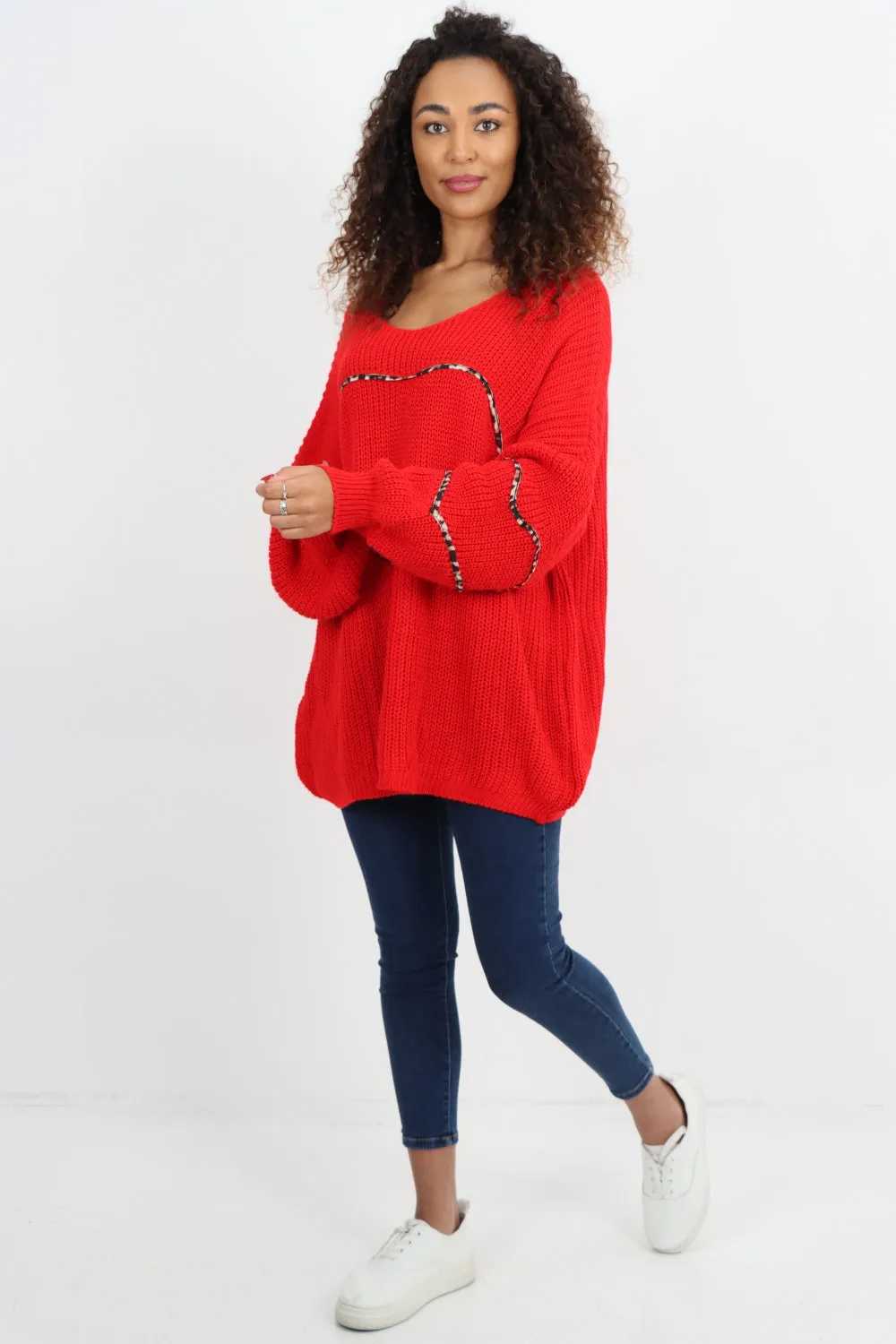 Animal Print Heart Outline  Oversized  Jumper Top