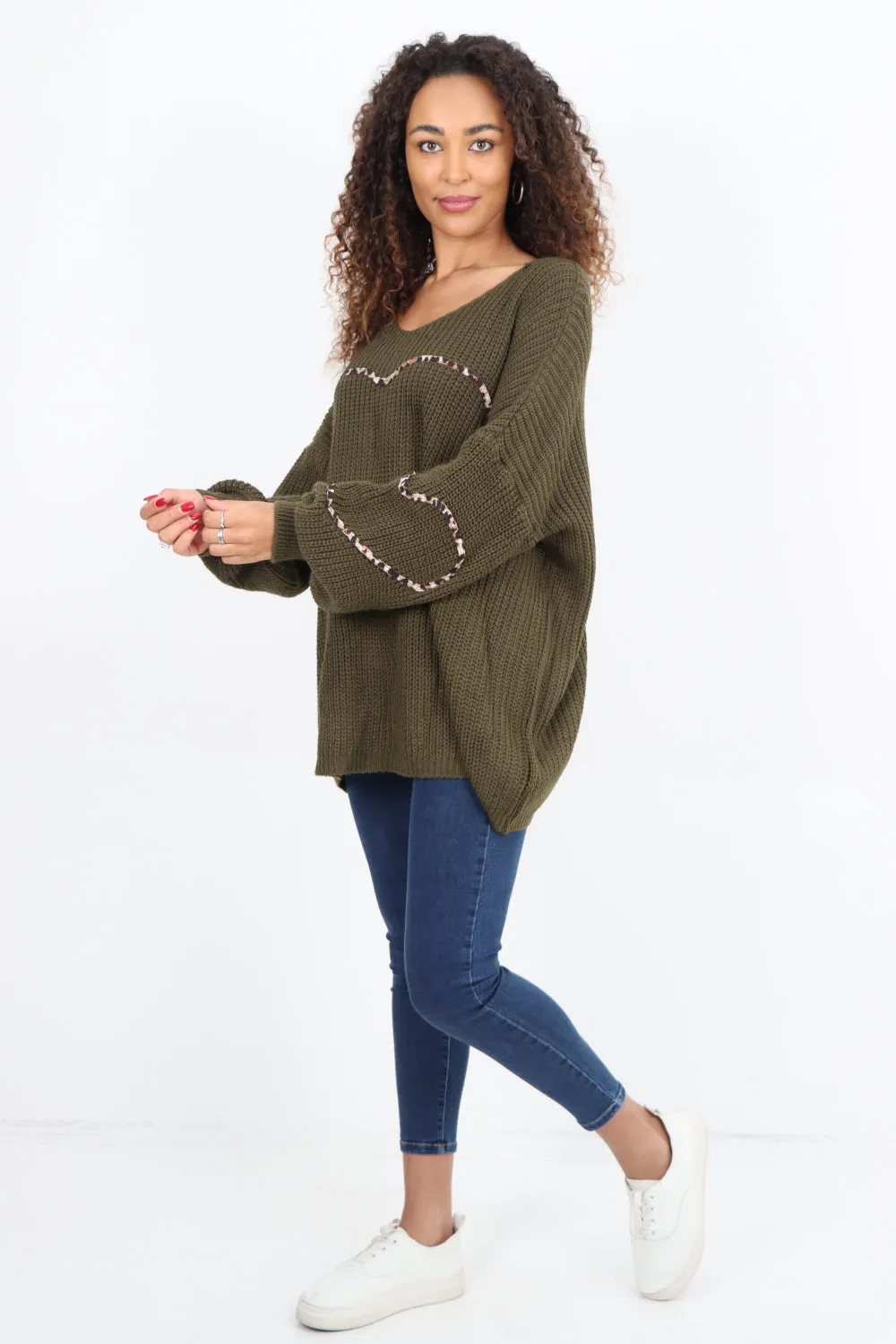 Animal Print Heart Outline  Oversized  Jumper Top