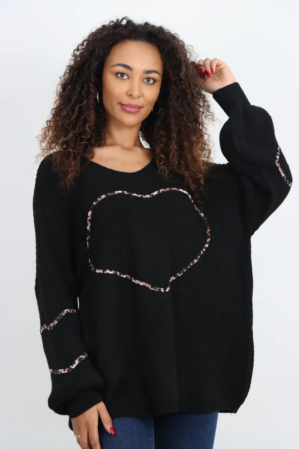 Animal Print Heart Outline  Oversized  Jumper Top