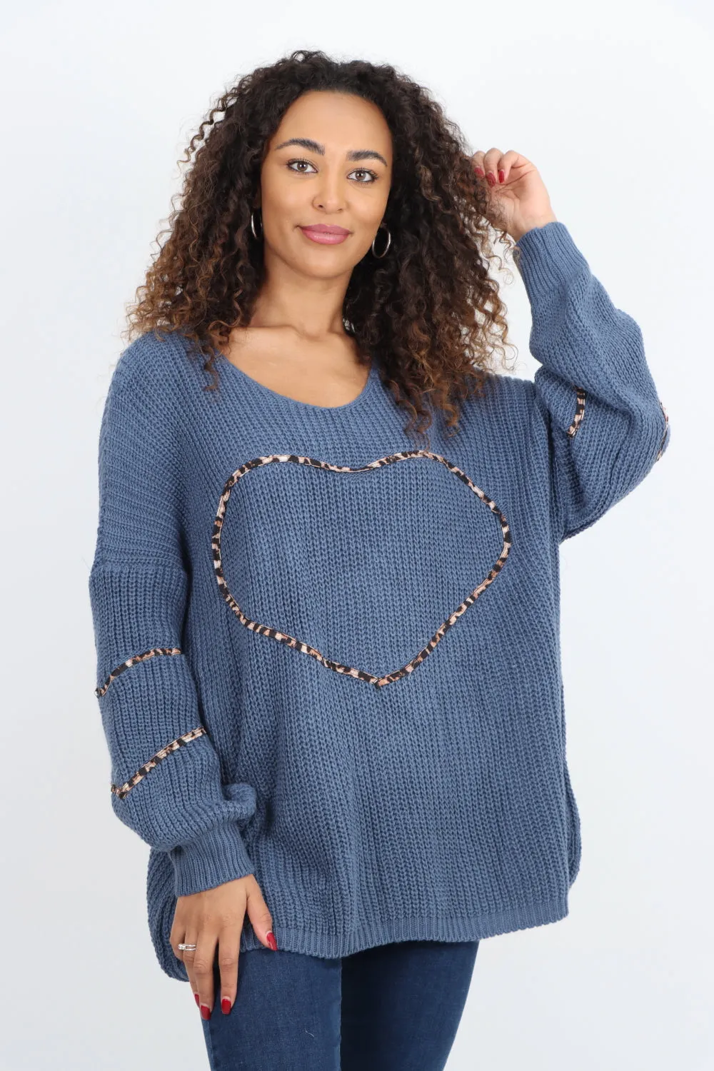 Animal Print Heart Outline  Oversized  Jumper Top