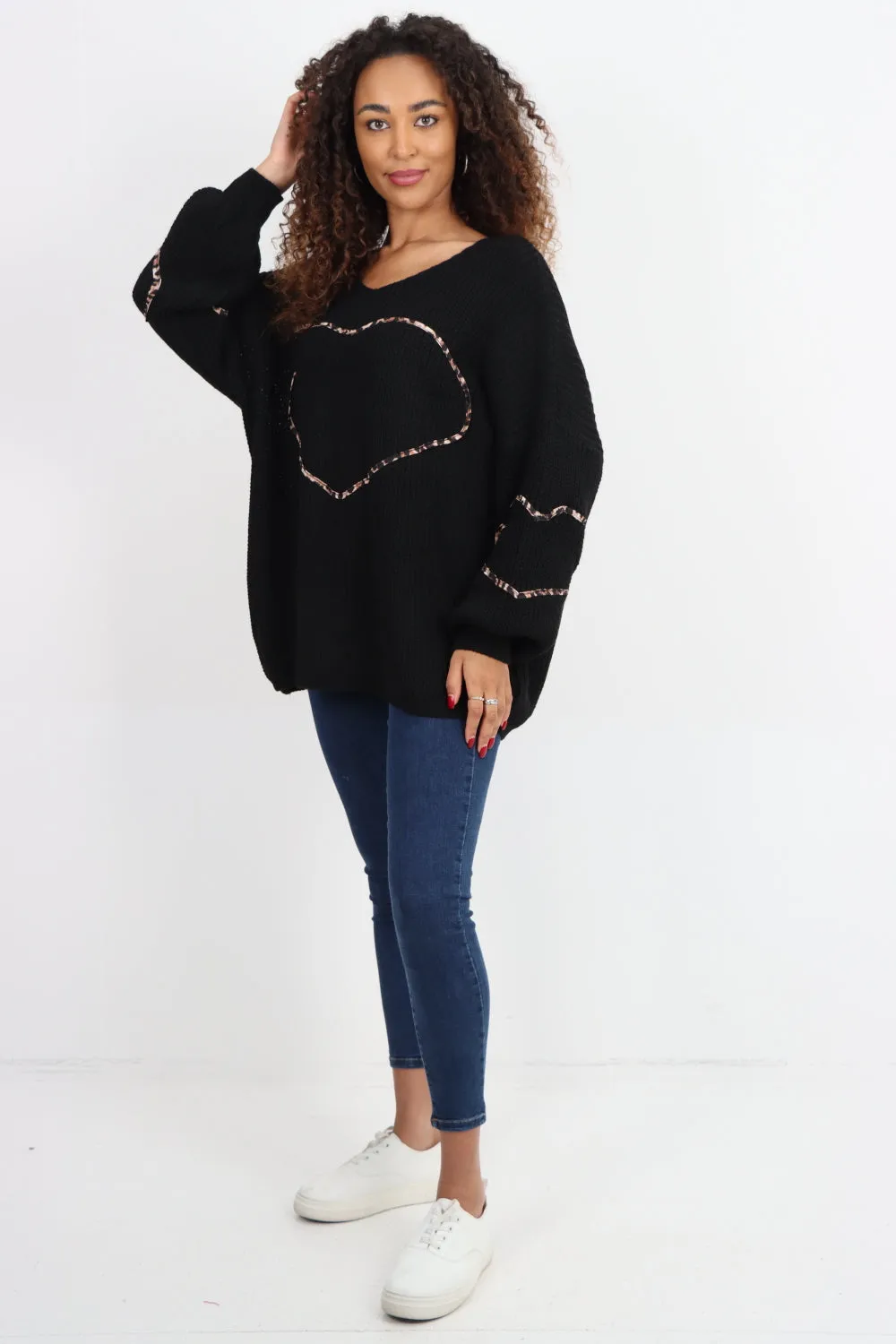 Animal Print Heart Outline  Oversized  Jumper Top