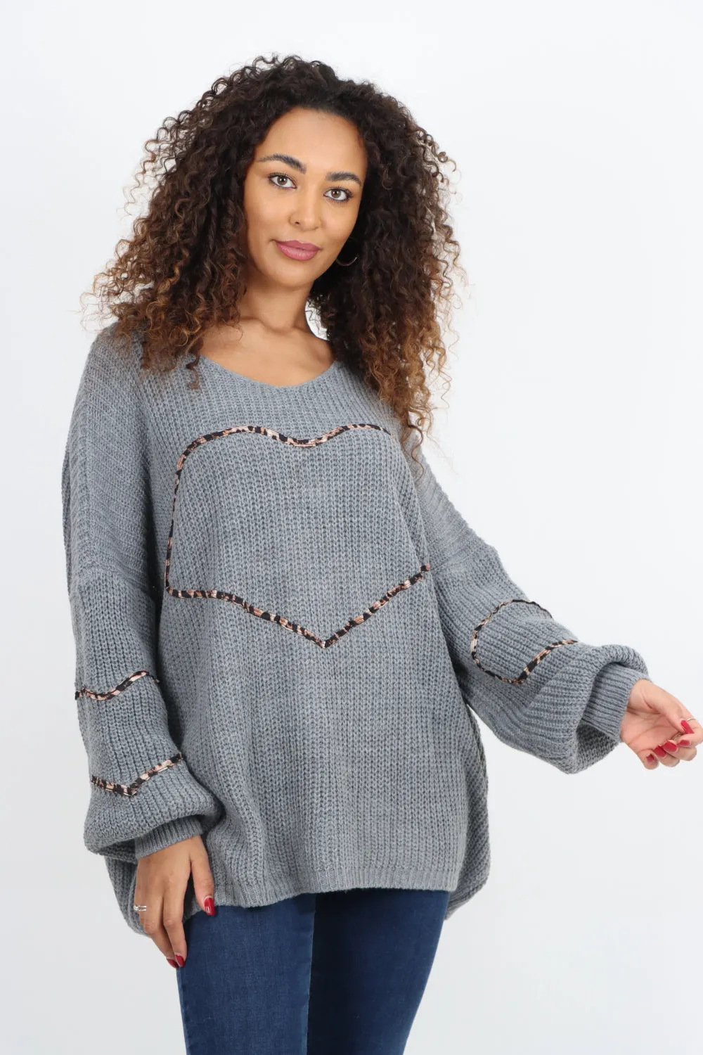 Animal Print Heart Outline  Oversized  Jumper Top