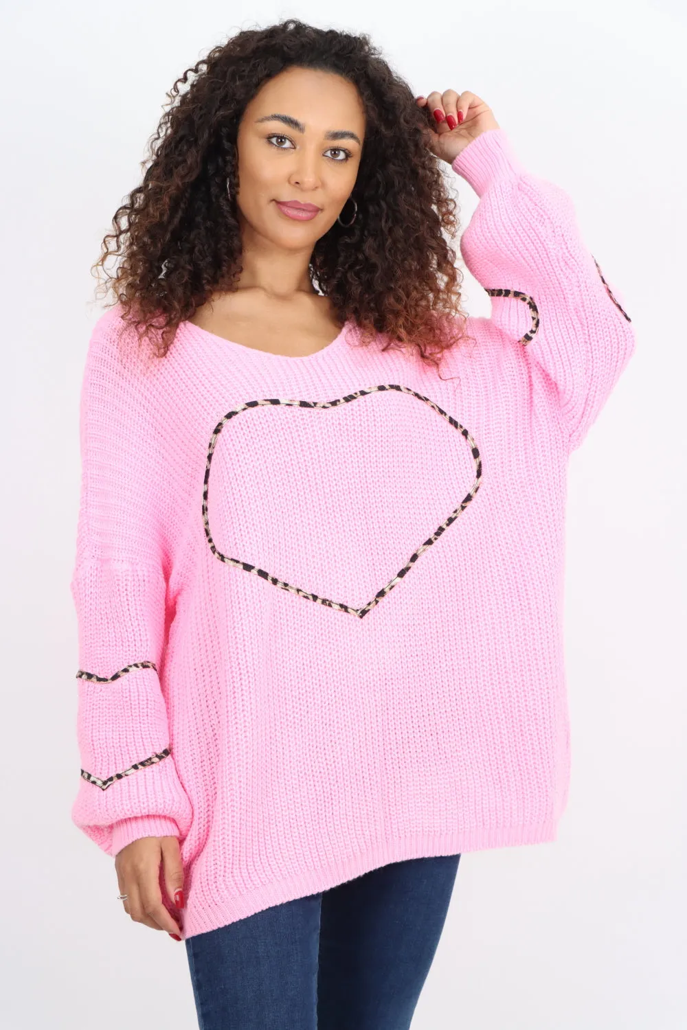 Animal Print Heart Outline  Oversized  Jumper Top