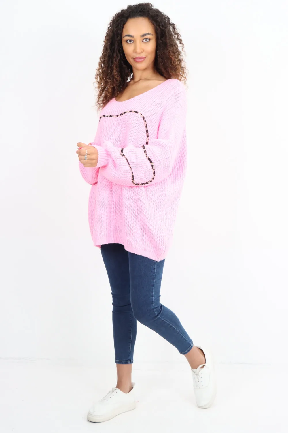 Animal Print Heart Outline  Oversized  Jumper Top