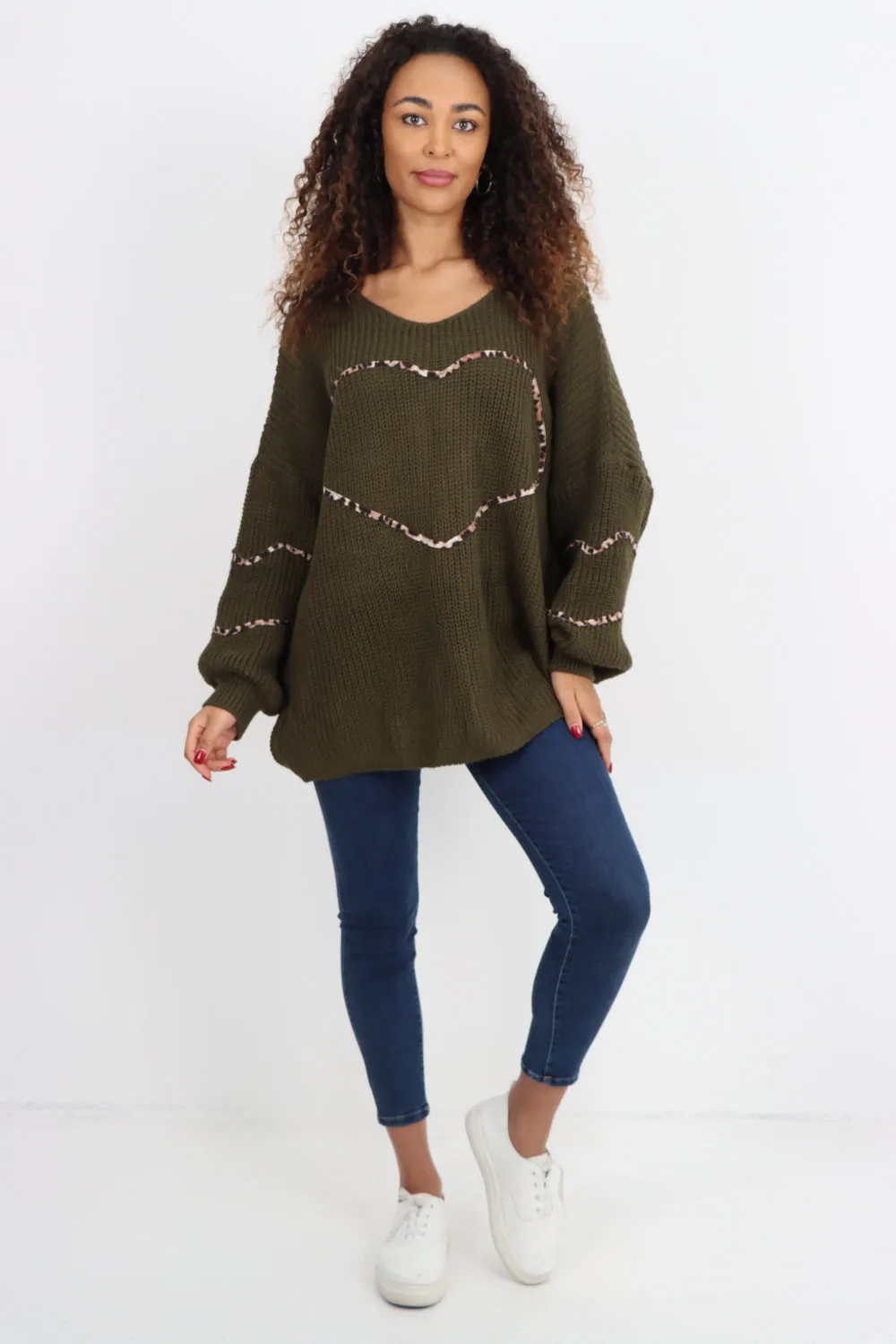 Animal Print Heart Outline  Oversized  Jumper Top