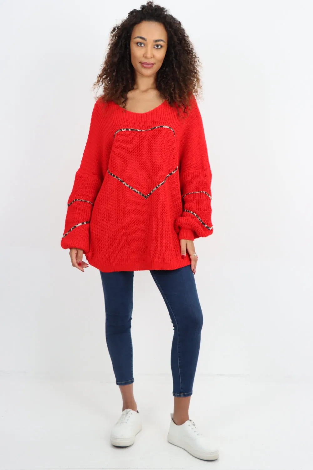 Animal Print Heart Outline  Oversized  Jumper Top