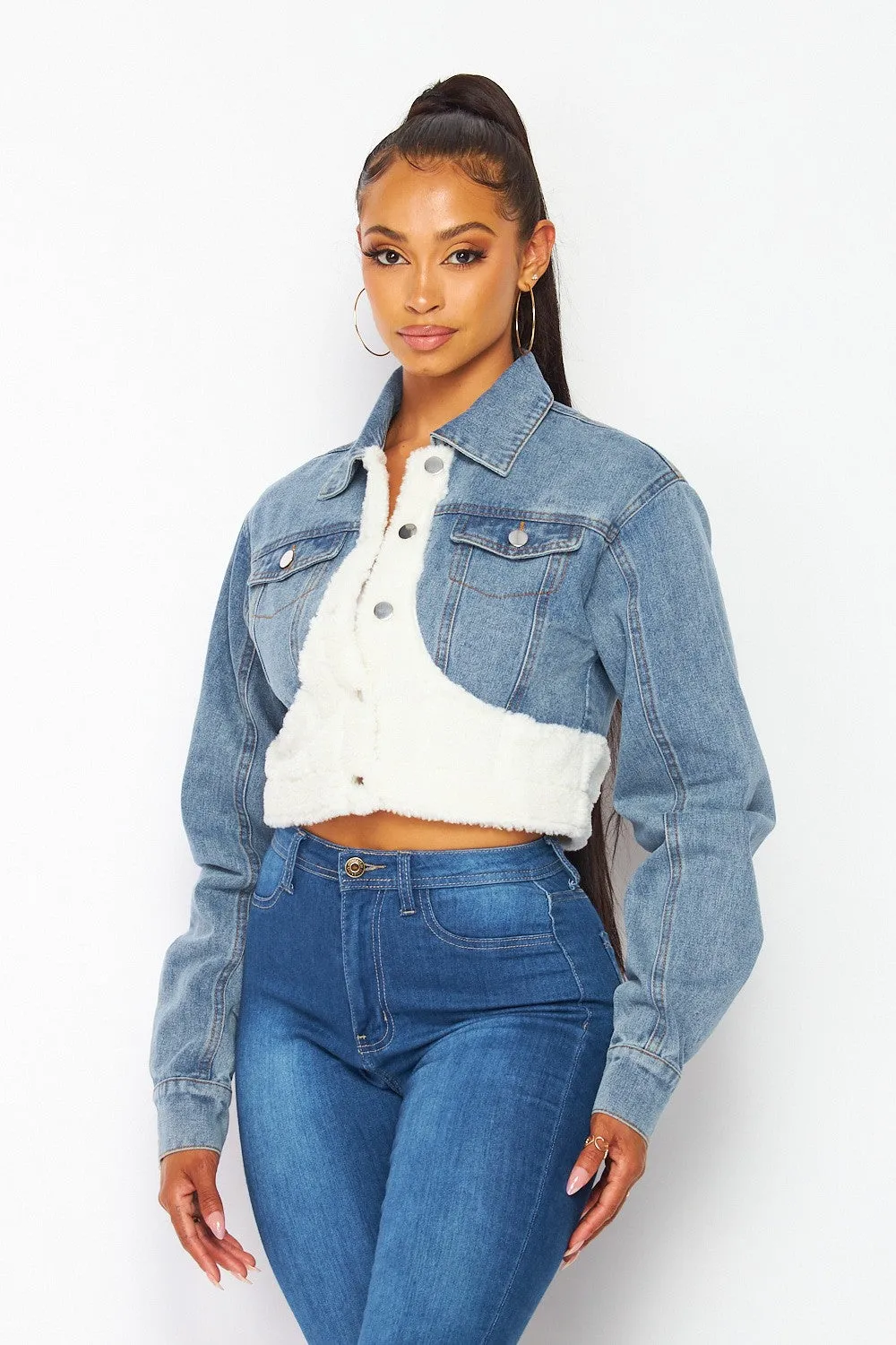 Ariel Fleece Contrast Denim Crop Collared Jacket