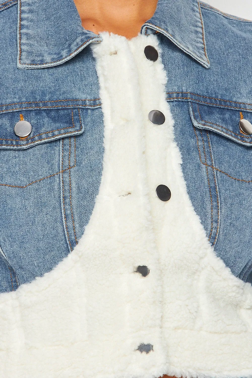 Ariel Fleece Contrast Denim Crop Collared Jacket