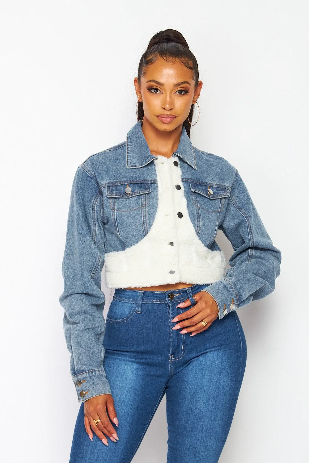 Ariel Fleece Contrast Denim Crop Collared Jacket