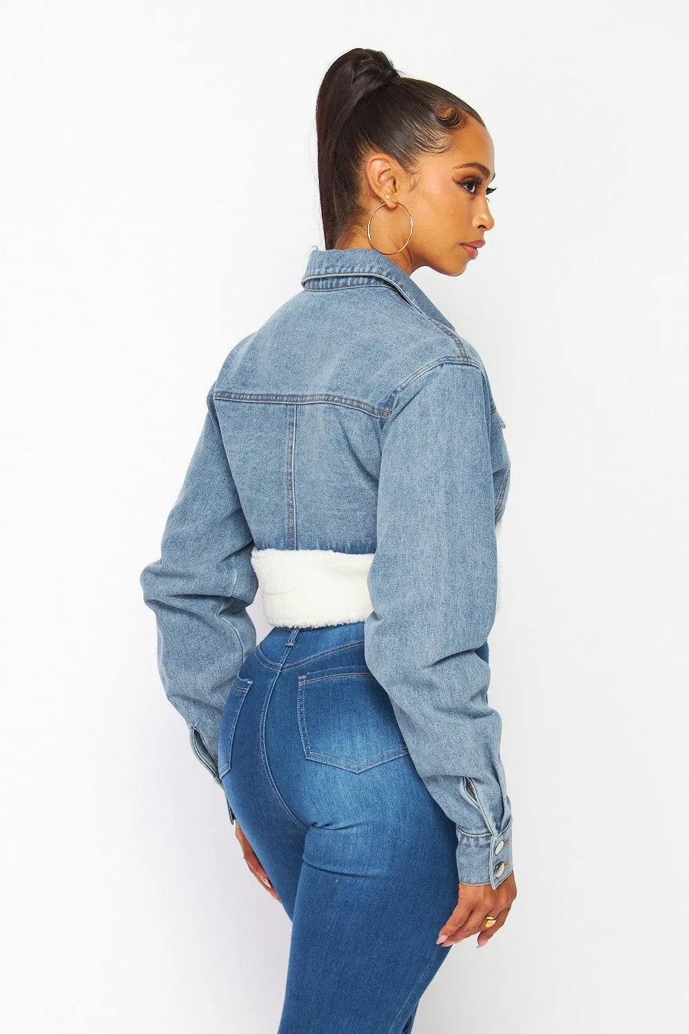 Ariel Fleece Contrast Denim Crop Collared Jacket