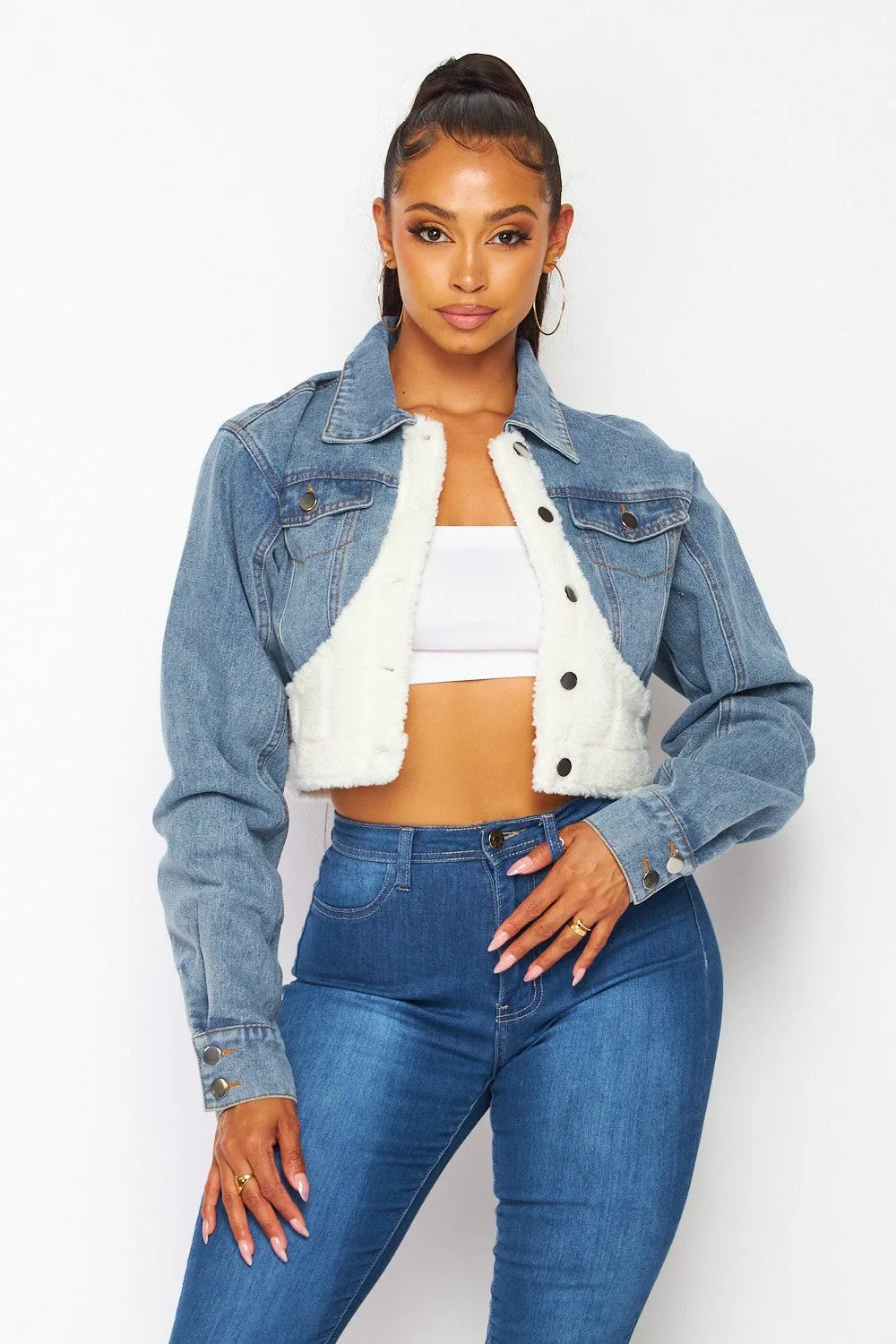 Ariel Fleece Contrast Denim Crop Collared Jacket