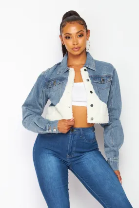 Ariel Fleece Contrast Denim Crop Collared Jacket