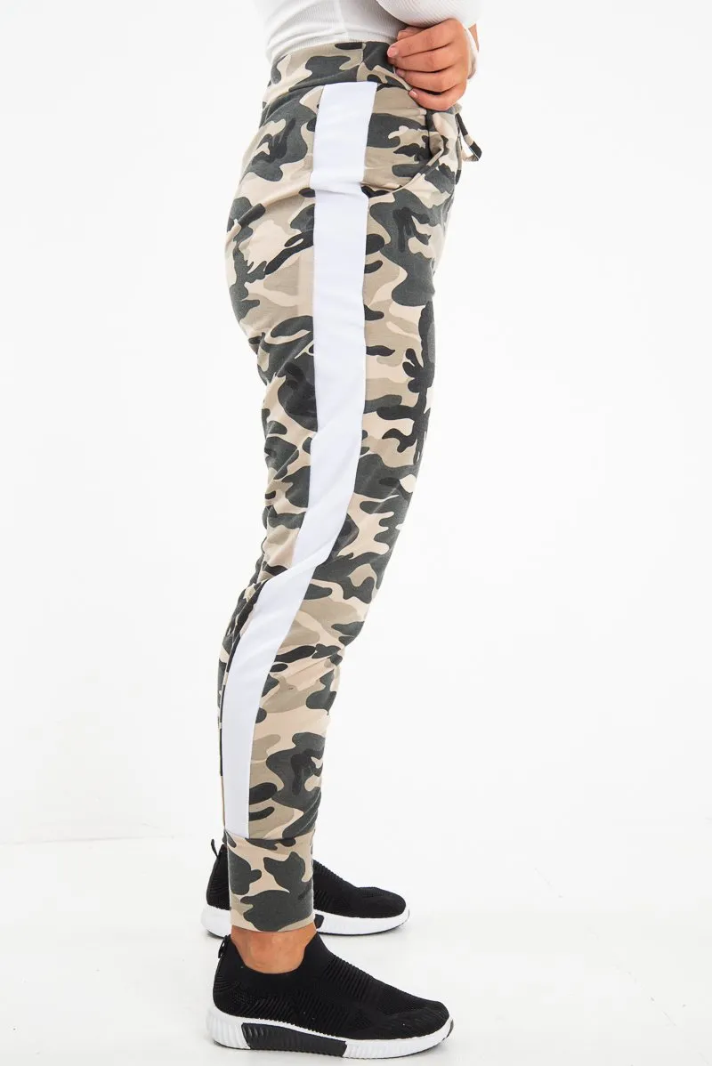 Beige Camouflage Print Side Stripe Joggers - Shannen