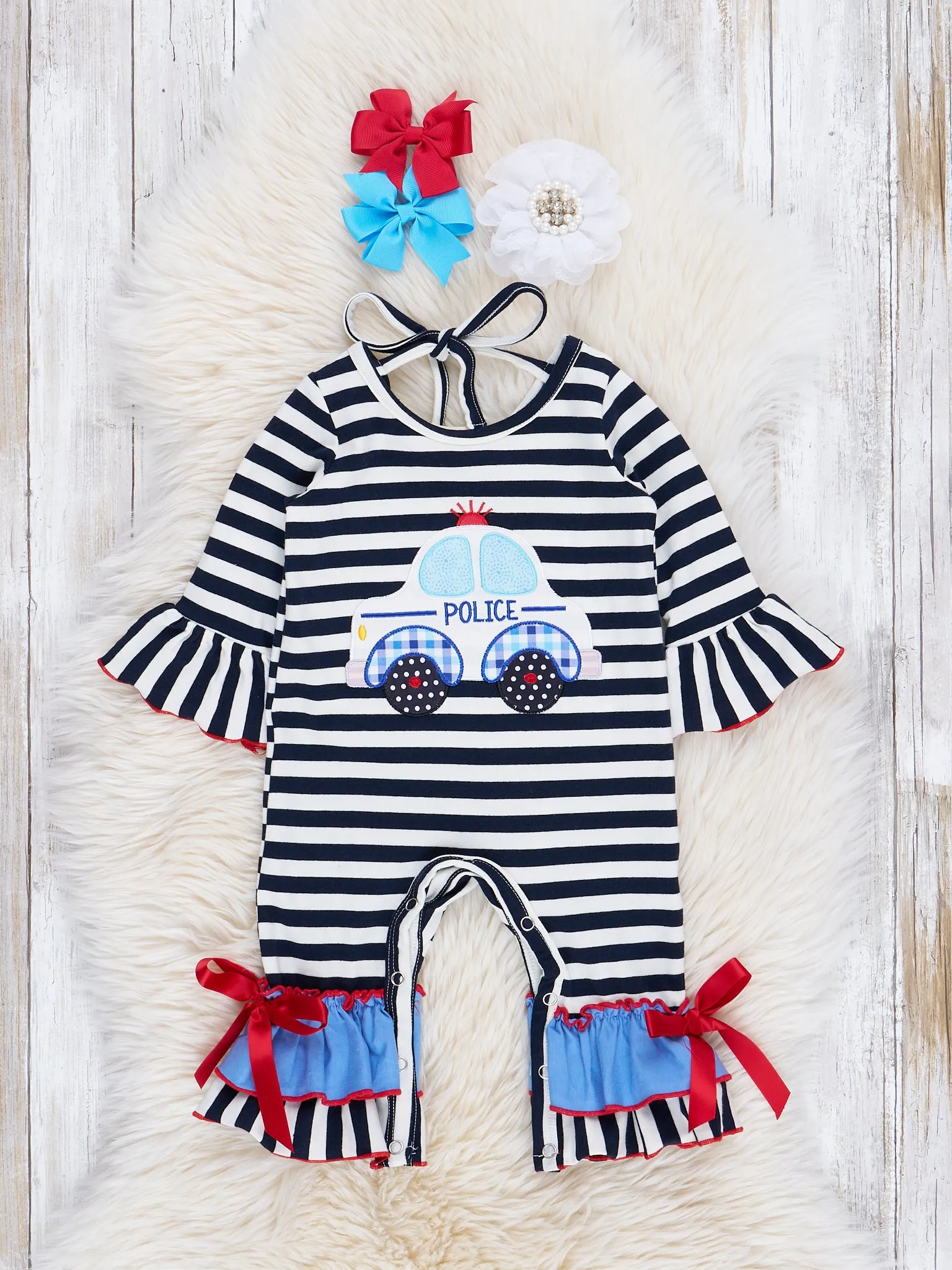 Black & White Stripe Police Ruffle Romper