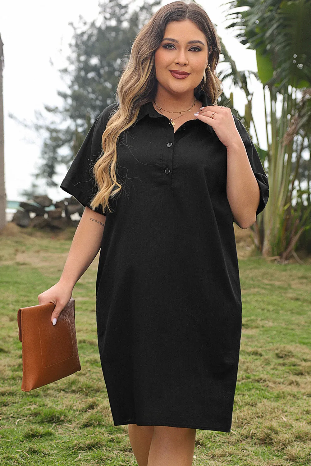 Black Plus Size Shirt Collar Buttoned Short Sleeve Shift Dress