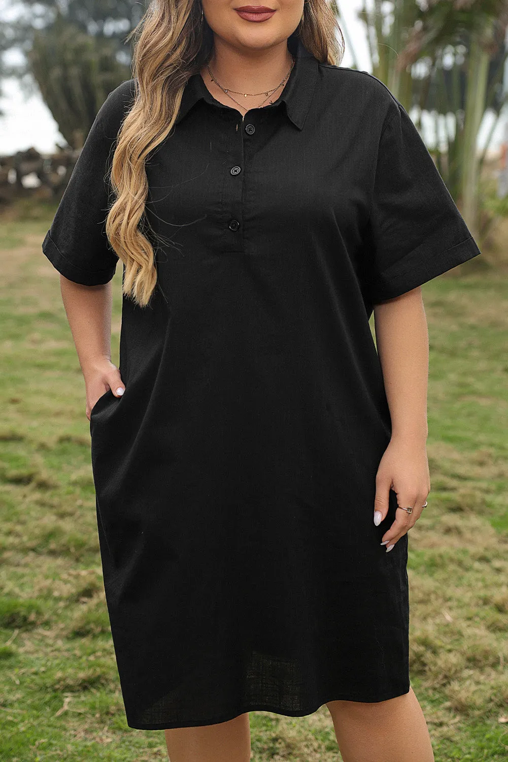 Black Plus Size Shirt Collar Buttoned Short Sleeve Shift Dress