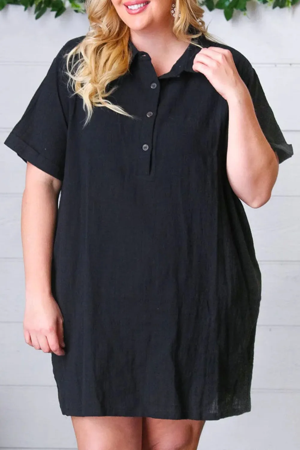 Black Plus Size Shirt Collar Buttoned Short Sleeve Shift Dress