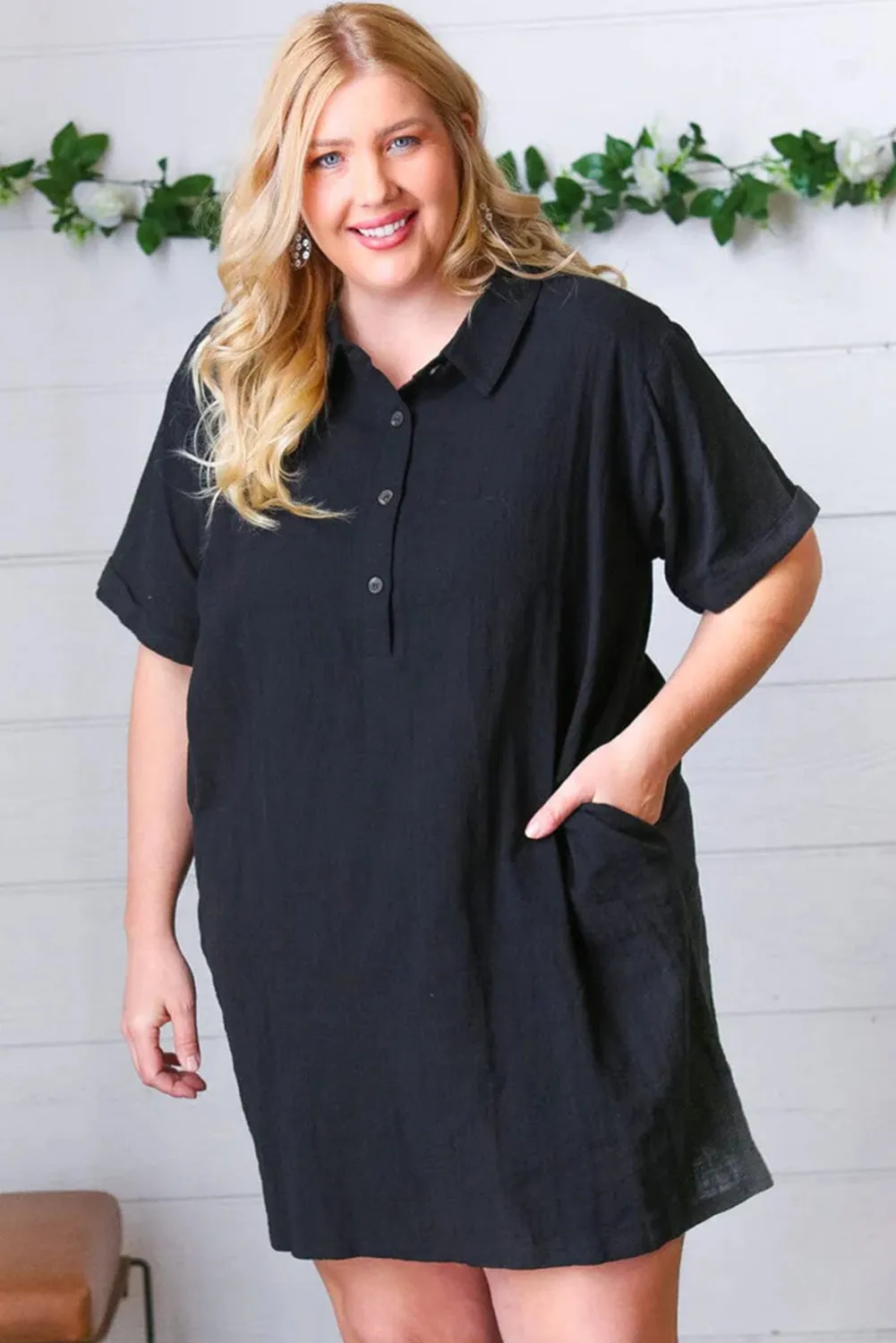 Black Plus Size Shirt Collar Buttoned Short Sleeve Shift Dress