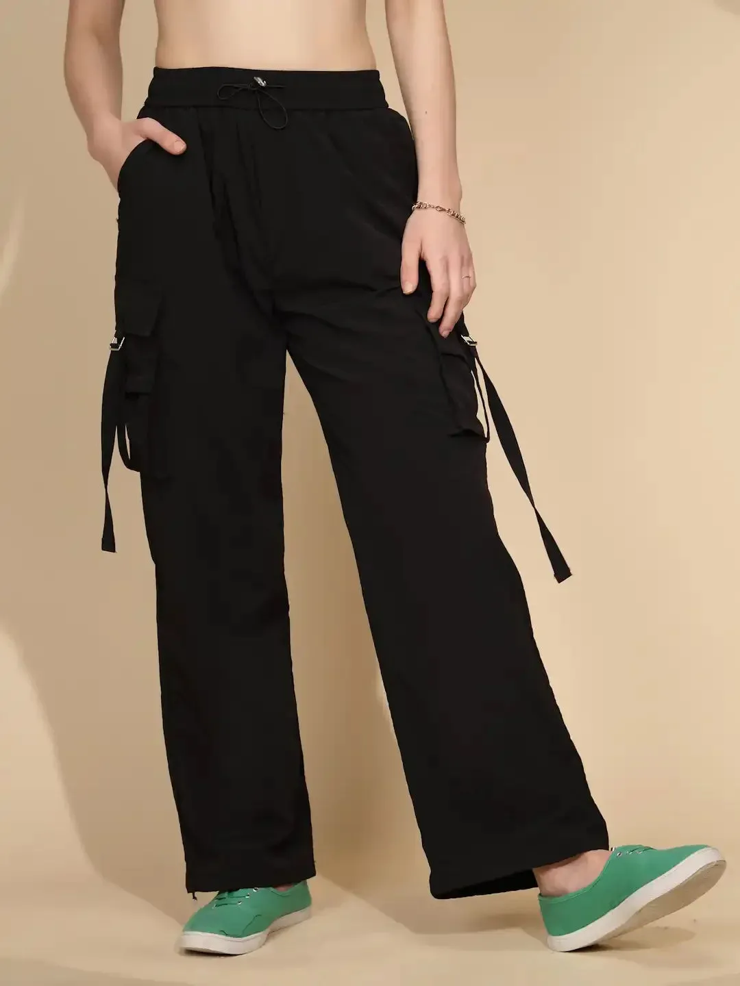 Black Poly Blend Loose Fit Jogger For Women