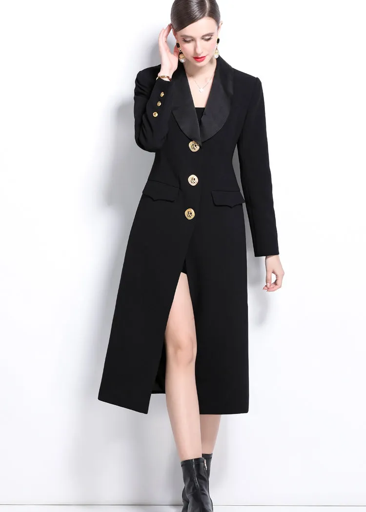 Black Shawl Collar Single Breasted Long Trench Coat