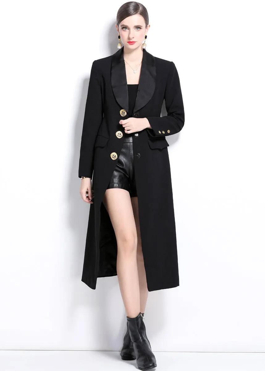 Black Shawl Collar Single Breasted Long Trench Coat