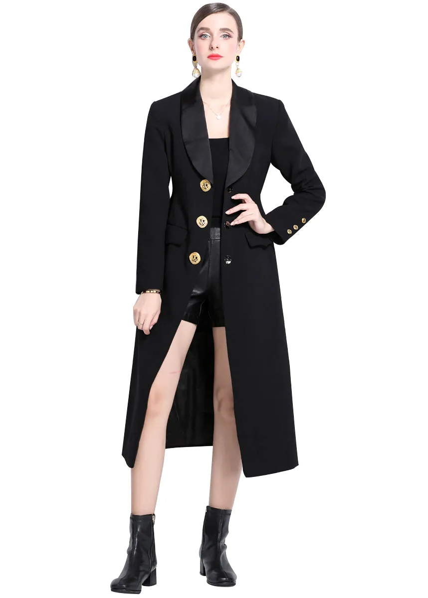 Black Shawl Collar Single Breasted Long Trench Coat