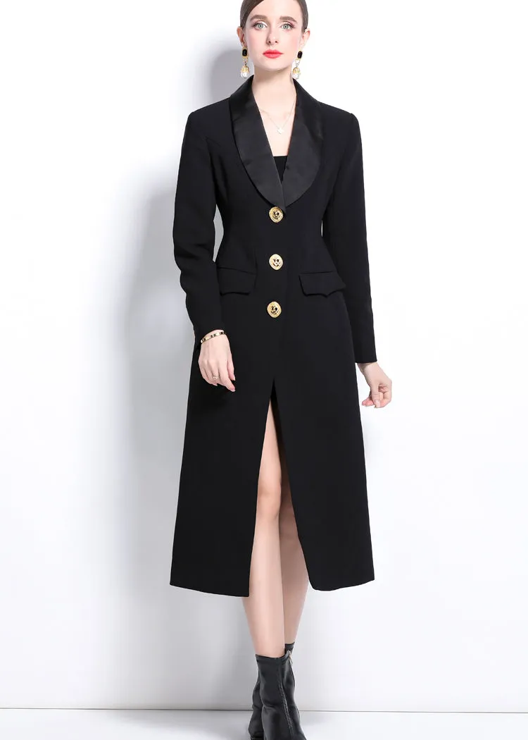 Black Shawl Collar Single Breasted Long Trench Coat