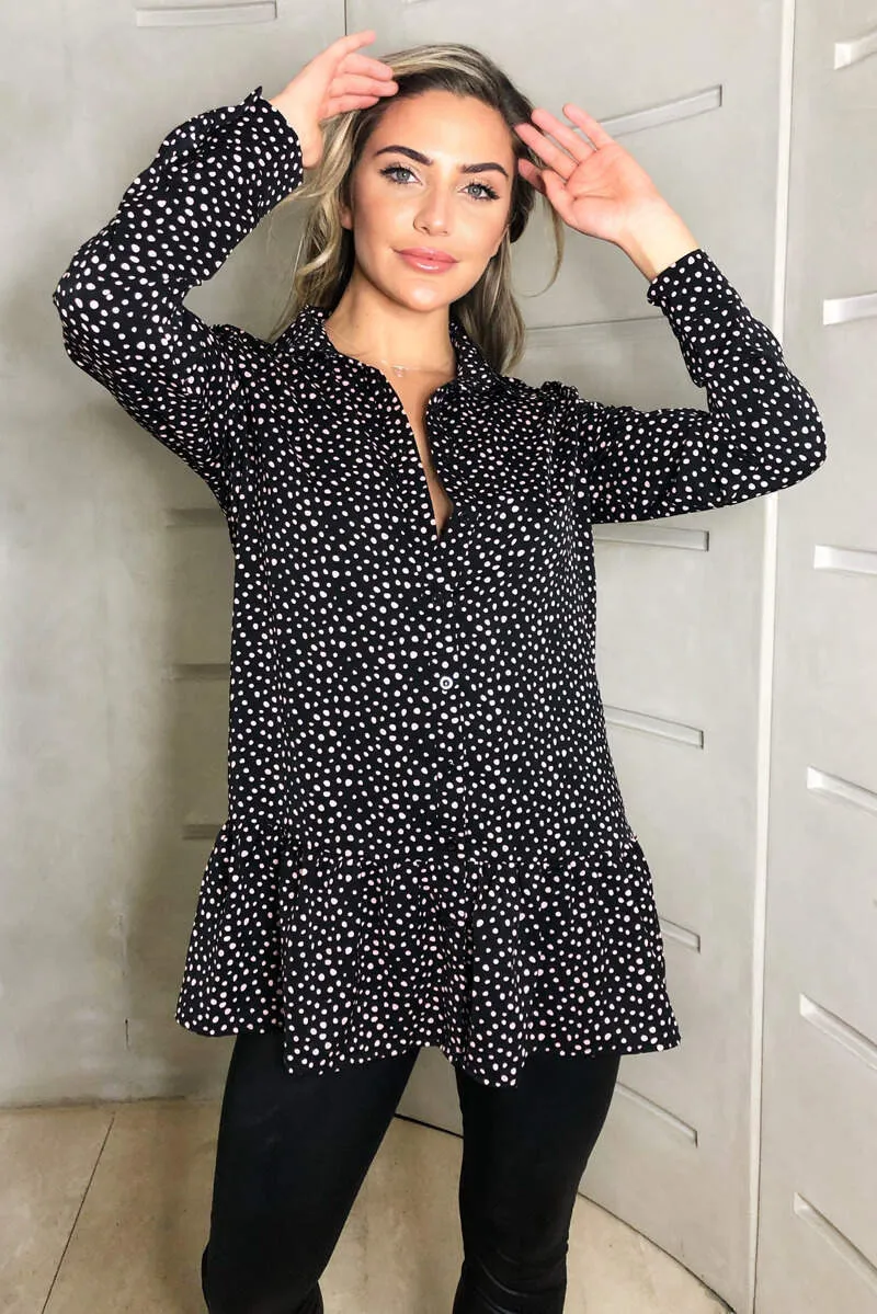 Black Spotty Frill Hem Shirt Dress