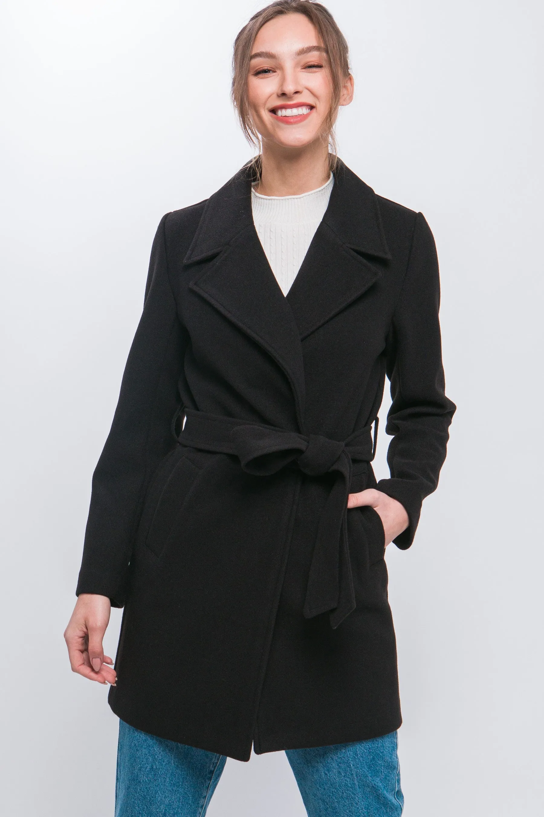 Black Waist Tie Collared Trench Coat