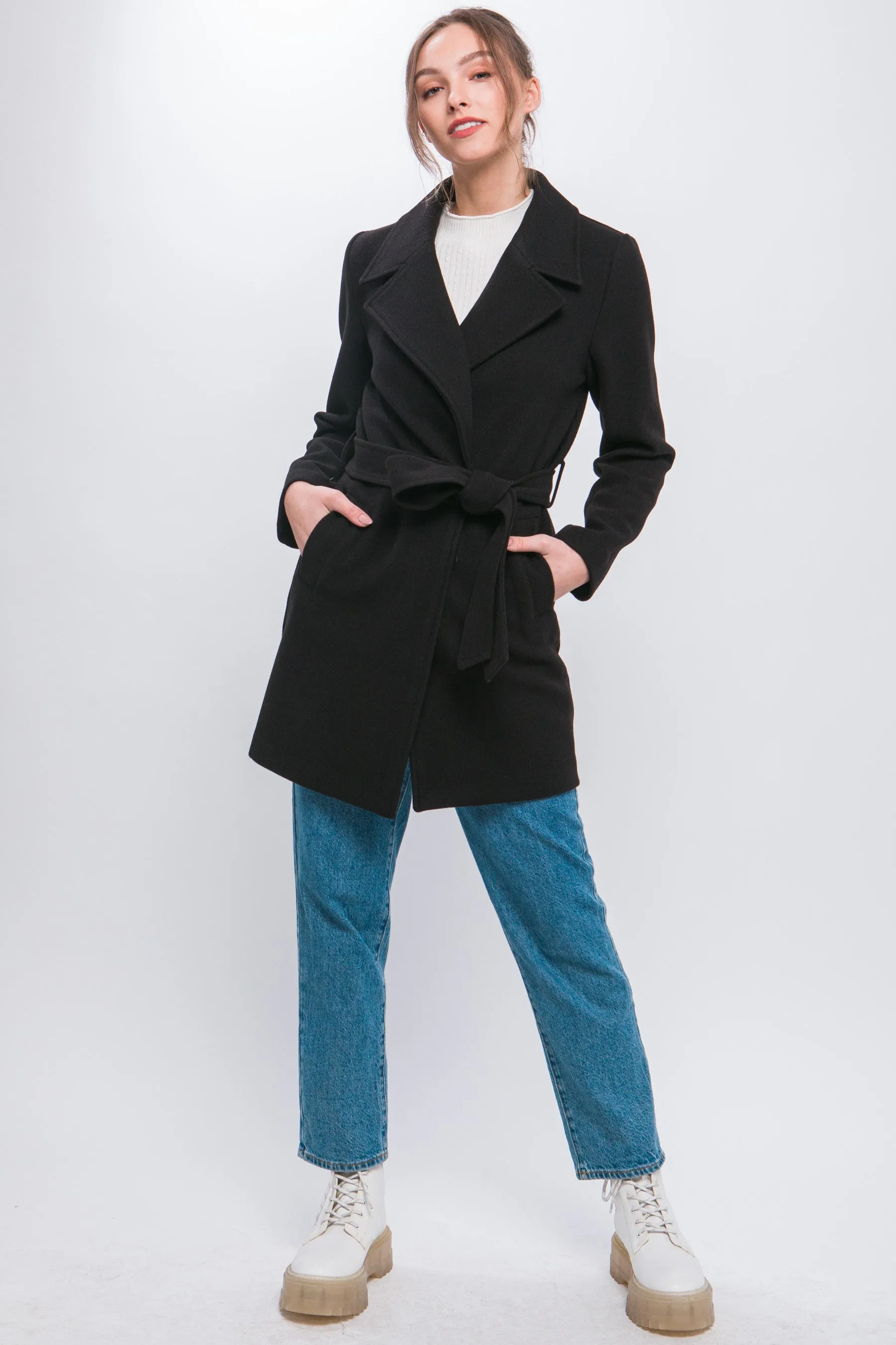 Black Waist Tie Collared Trench Coat