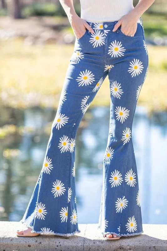 Blue Boho Daisy Flare Denim