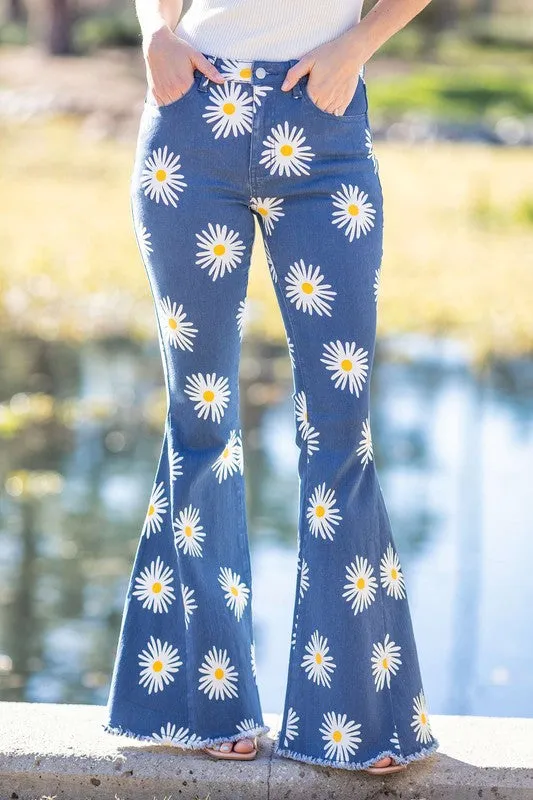 Blue Boho Daisy Flare Denim